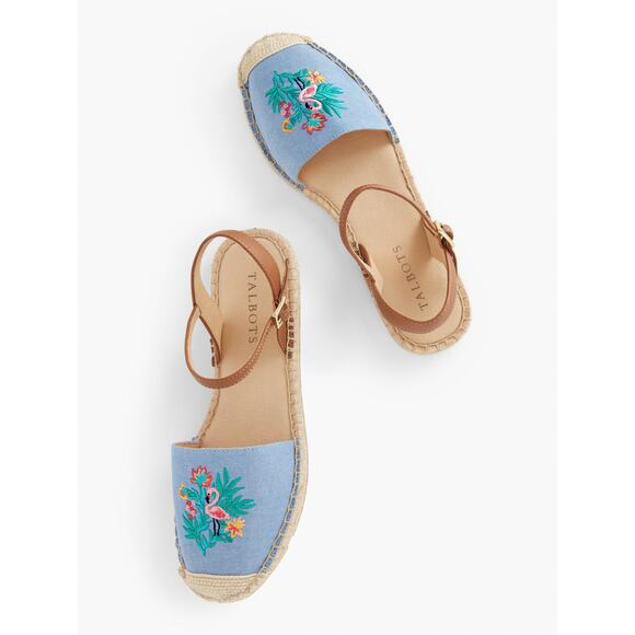 Talbots Women’s 8 Blue Izzy D’Orsay Embroidered Chambray Espadrille Sandals NEW - Picture 1 of 9